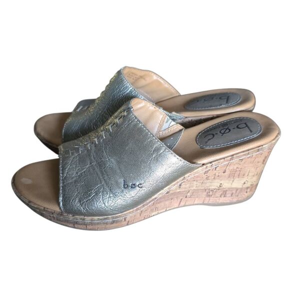 Boc Born Concept Women's Size 7 Silver Metallic Cork Wedge Platform Sandals - Picture 1 of 6